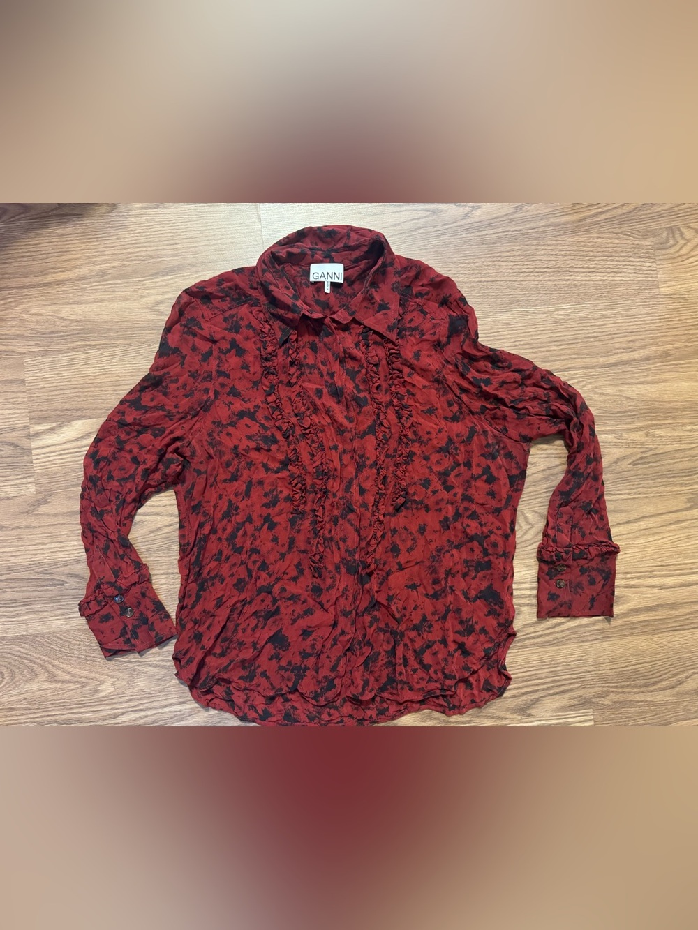 Ganni Red and Black Printed Ruffle-Front Button Down Shirt